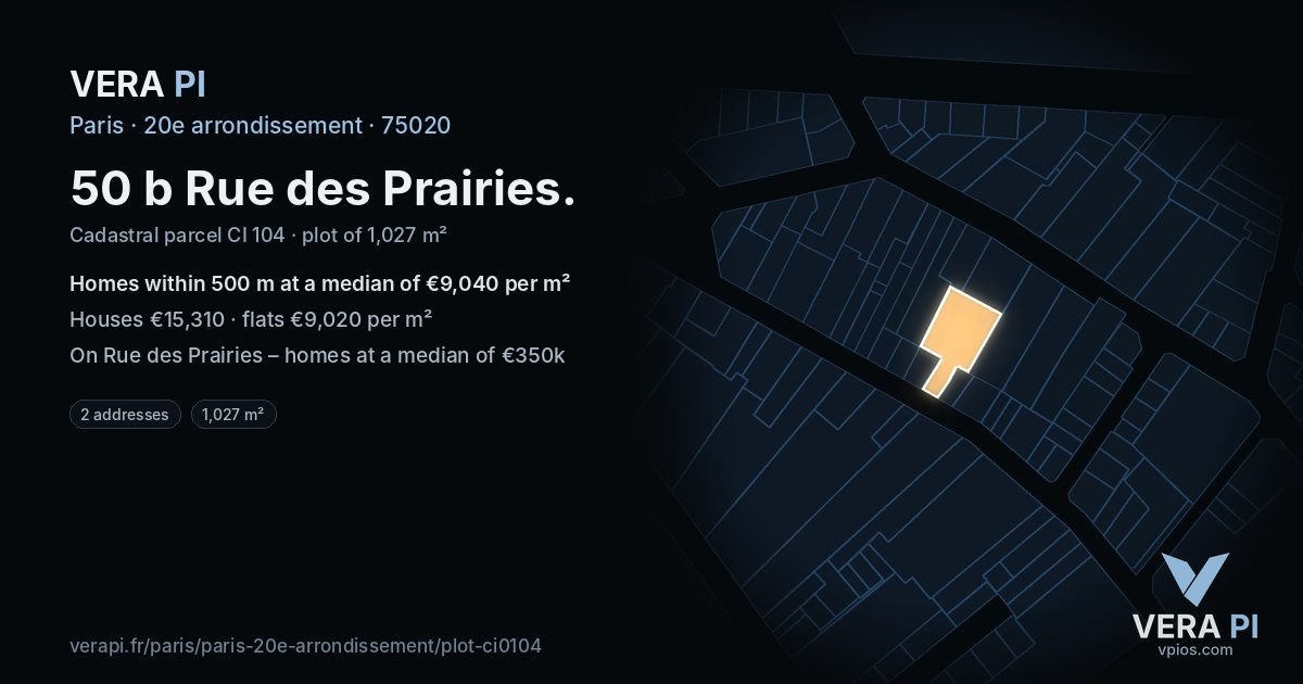 50 b Rue des Prairies, 20e arrondissement at night – the plot lit, the parcels around coloured by the prices near them