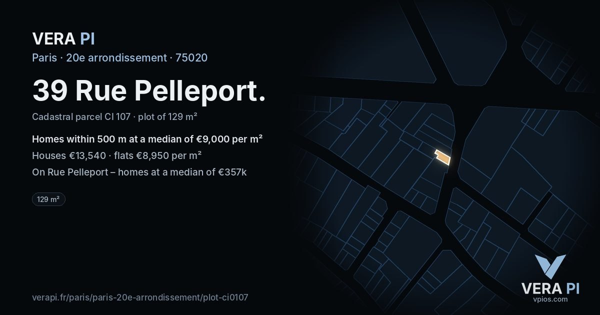 39 Rue Pelleport, 20e arrondissement at night – the plot lit, the parcels around coloured by the prices near them