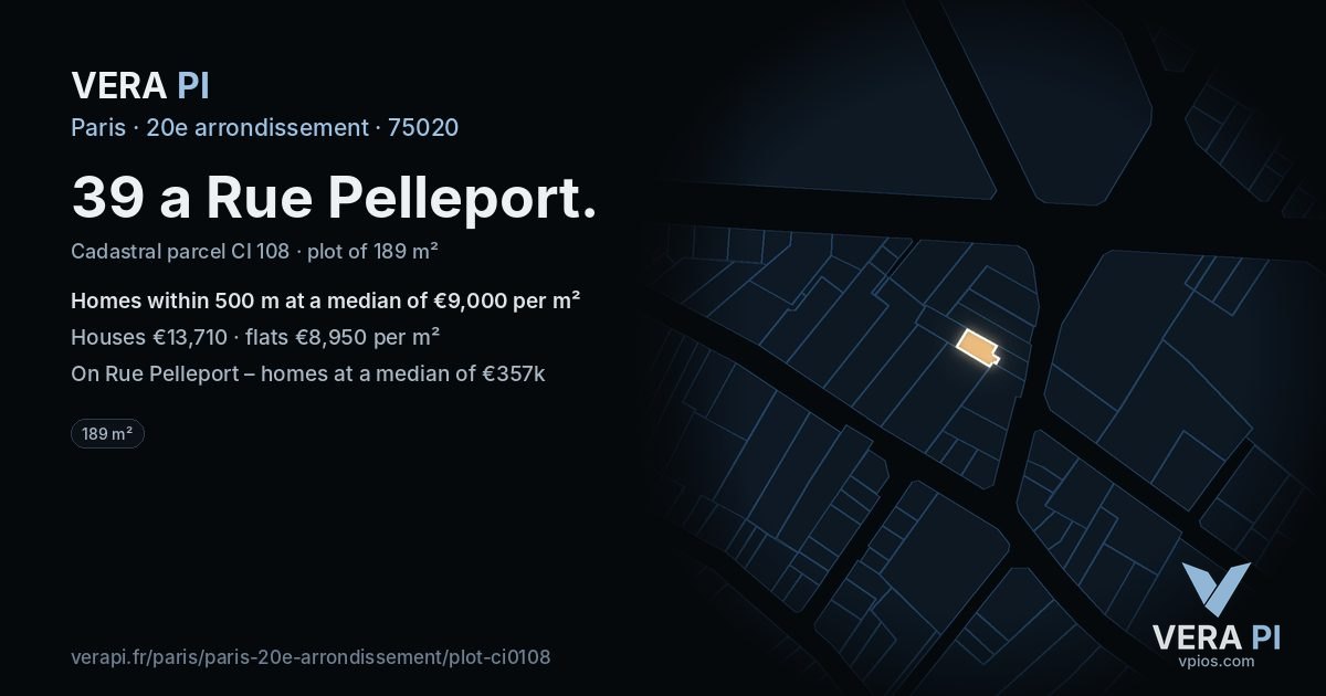 39 a Rue Pelleport, 20e arrondissement at night – the plot lit, the parcels around coloured by the prices near them
