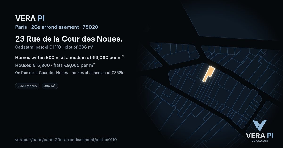 23 Rue de la Cour des Noues, 20e arrondissement at night – the plot lit, the parcels around coloured by the prices near them
