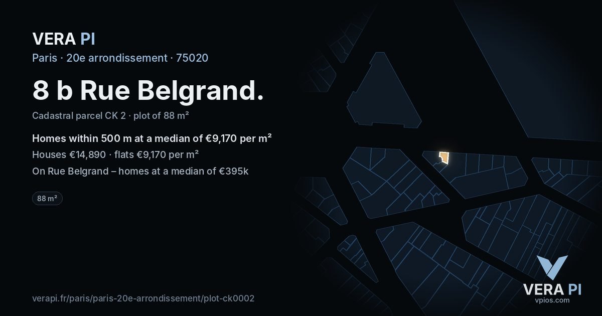 8 b Rue Belgrand, 20e arrondissement at night – the plot lit, the parcels around coloured by the prices near them