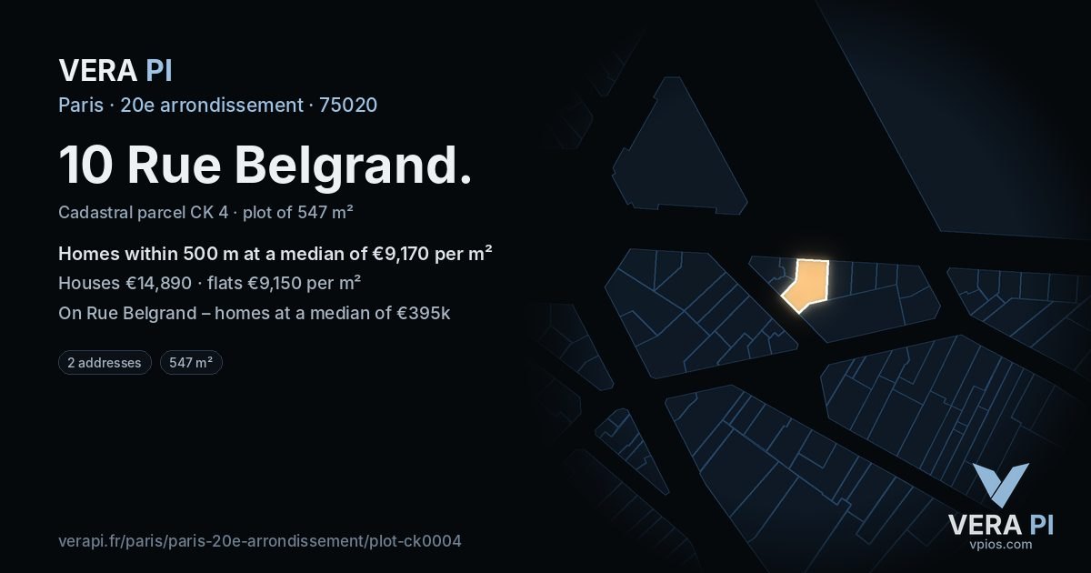 10 Rue Belgrand, 20e arrondissement at night – the plot lit, the parcels around coloured by the prices near them