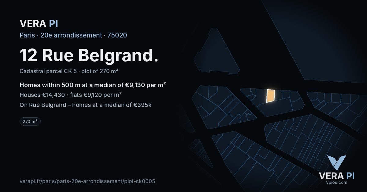 12 Rue Belgrand, 20e arrondissement at night – the plot lit, the parcels around coloured by the prices near them