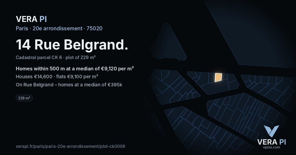 14 Rue Belgrand, 20e arrondissement at night – the plot lit, the parcels around coloured by the prices near them