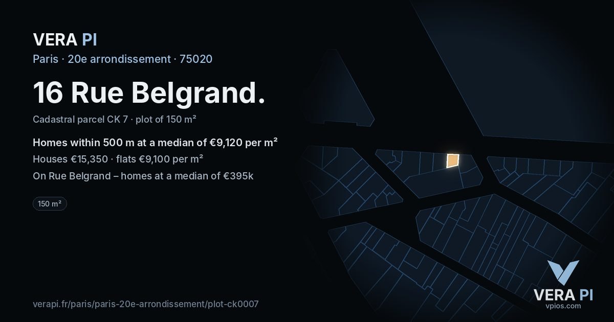 16 Rue Belgrand, 20e arrondissement at night – the plot lit, the parcels around coloured by the prices near them