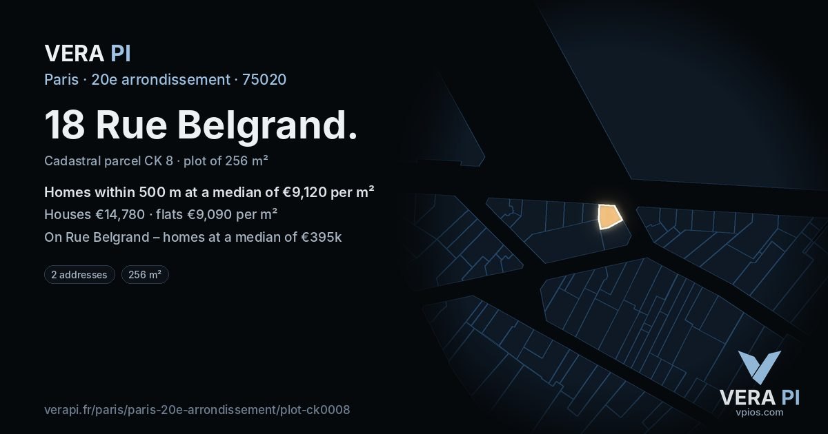 18 Rue Belgrand, 20e arrondissement at night – the plot lit, the parcels around coloured by the prices near them