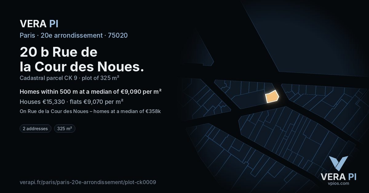 20 b Rue de la Cour des Noues, 20e arrondissement at night – the plot lit, the parcels around coloured by the prices near them