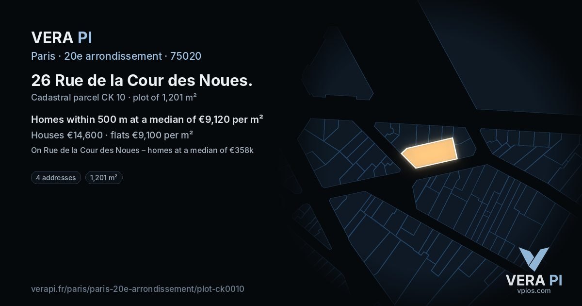 26 Rue de la Cour des Noues, 20e arrondissement at night – the plot lit, the parcels around coloured by the prices near them