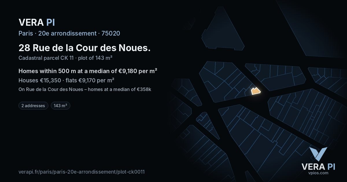 28 Rue de la Cour des Noues, 20e arrondissement at night – the plot lit, the parcels around coloured by the prices near them