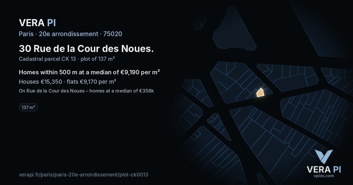 30 Rue de la Cour des Noues, 20e arrondissement at night – the plot lit, the parcels around coloured by the prices near them