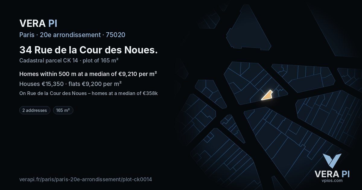 34 Rue de la Cour des Noues, 20e arrondissement at night – the plot lit, the parcels around coloured by the prices near them