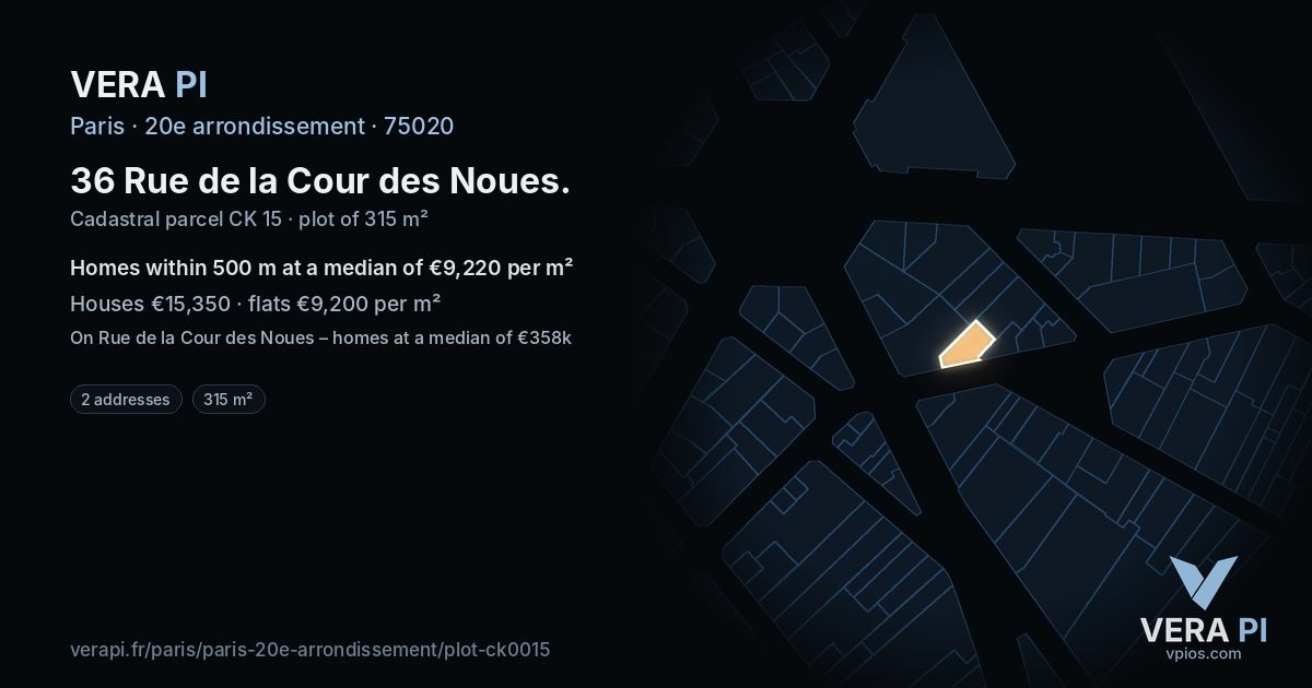 36 Rue de la Cour des Noues, 20e arrondissement at night – the plot lit, the parcels around coloured by the prices near them