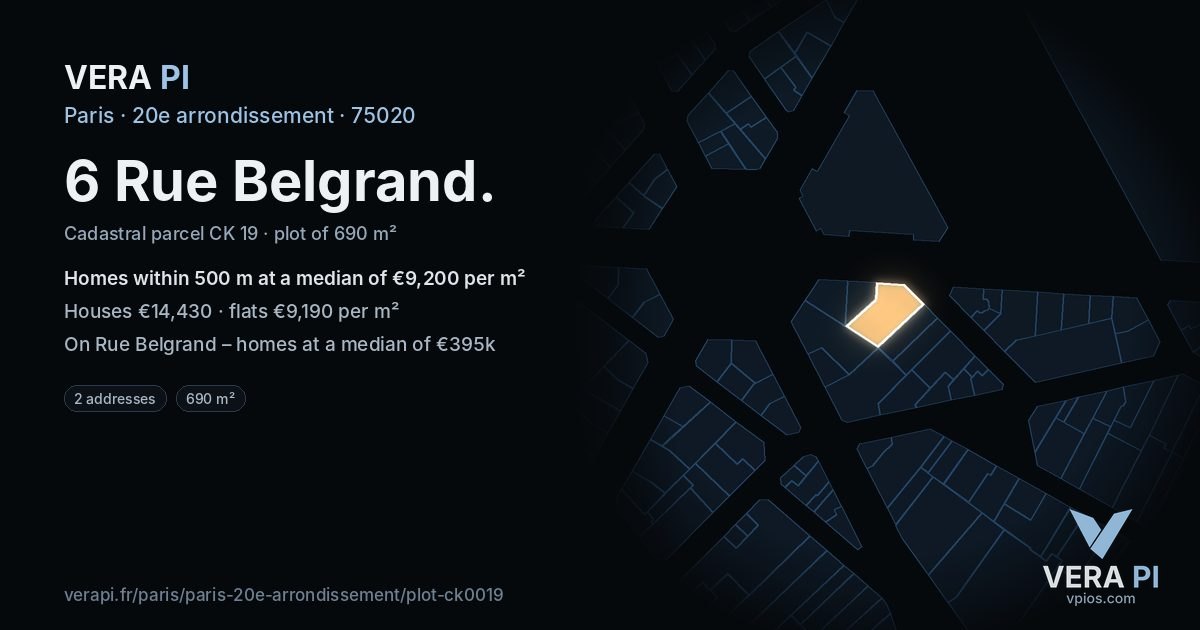 6 Rue Belgrand, 20e arrondissement at night – the plot lit, the parcels around coloured by the prices near them
