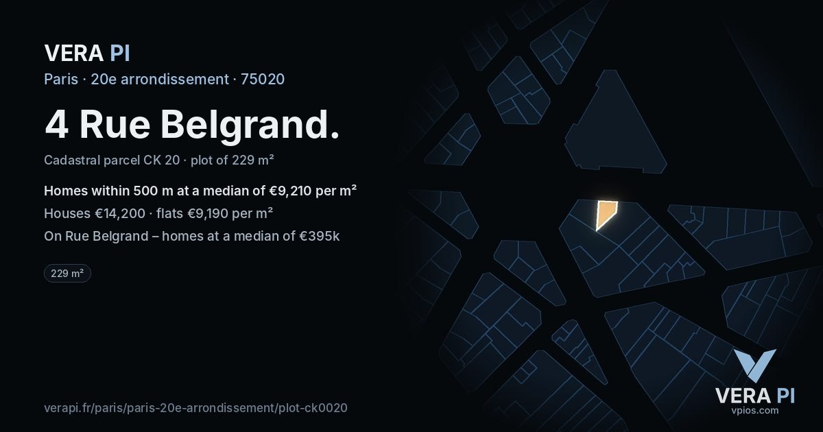 4 Rue Belgrand, 20e arrondissement at night – the plot lit, the parcels around coloured by the prices near them