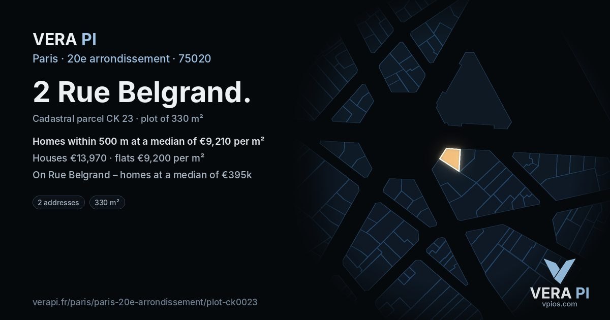 2 Rue Belgrand, 20e arrondissement at night – the plot lit, the parcels around coloured by the prices near them