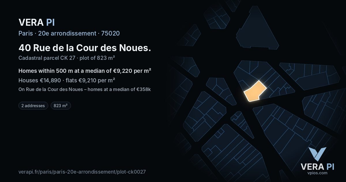 40 Rue de la Cour des Noues, 20e arrondissement at night – the plot lit, the parcels around coloured by the prices near them