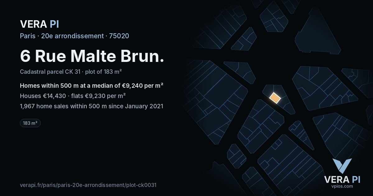 6 Rue Malte Brun, 20e arrondissement at night – the plot lit, the parcels around coloured by the prices near them