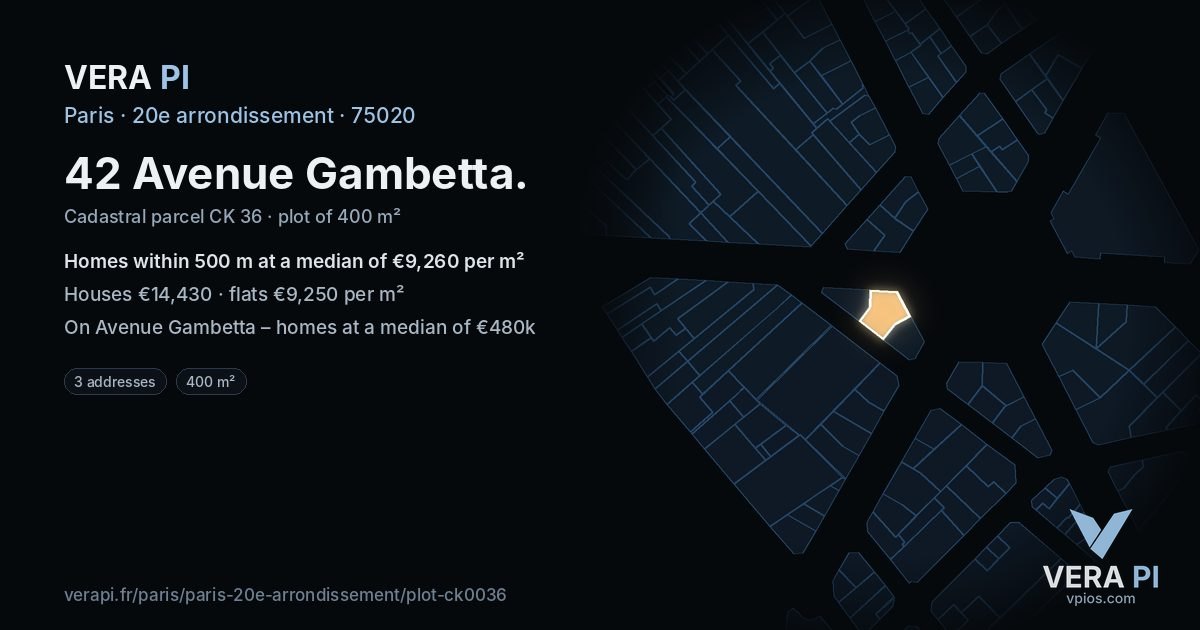 42 Avenue Gambetta, 20e arrondissement at night – the plot lit, the parcels around coloured by the prices near them