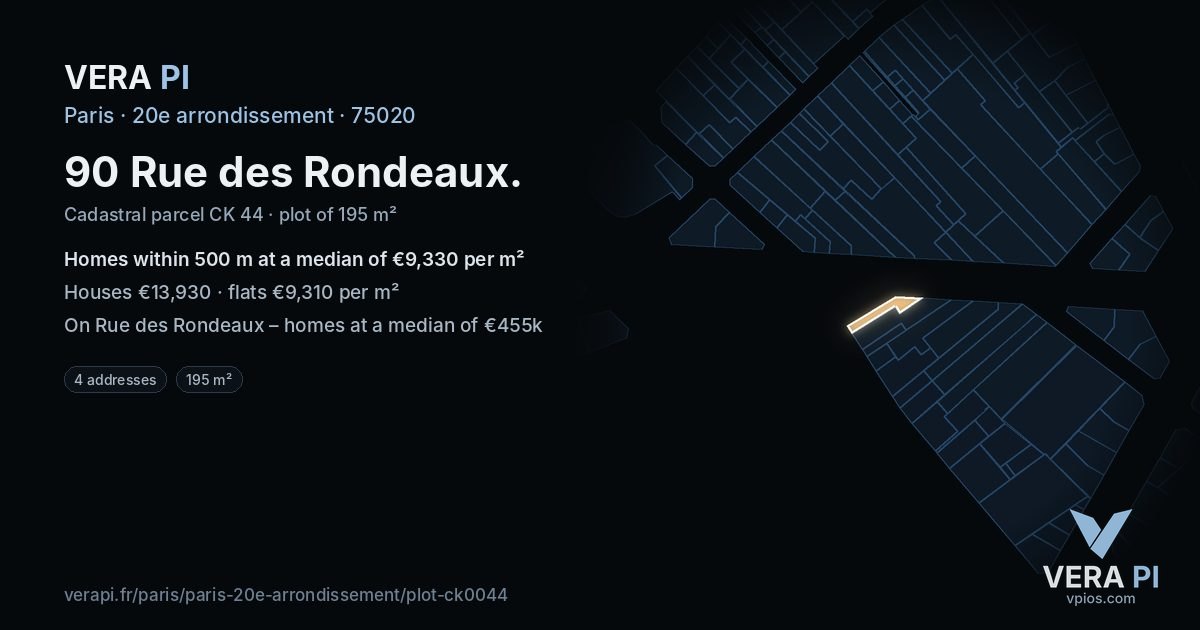 90 Rue des Rondeaux, 20e arrondissement at night – the plot lit, the parcels around coloured by the prices near them