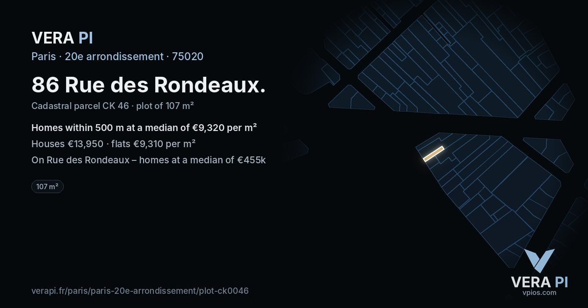 86 Rue des Rondeaux, 20e arrondissement at night – the plot lit, the parcels around coloured by the prices near them
