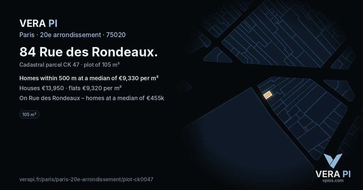 84 Rue des Rondeaux, 20e arrondissement at night – the plot lit, the parcels around coloured by the prices near them