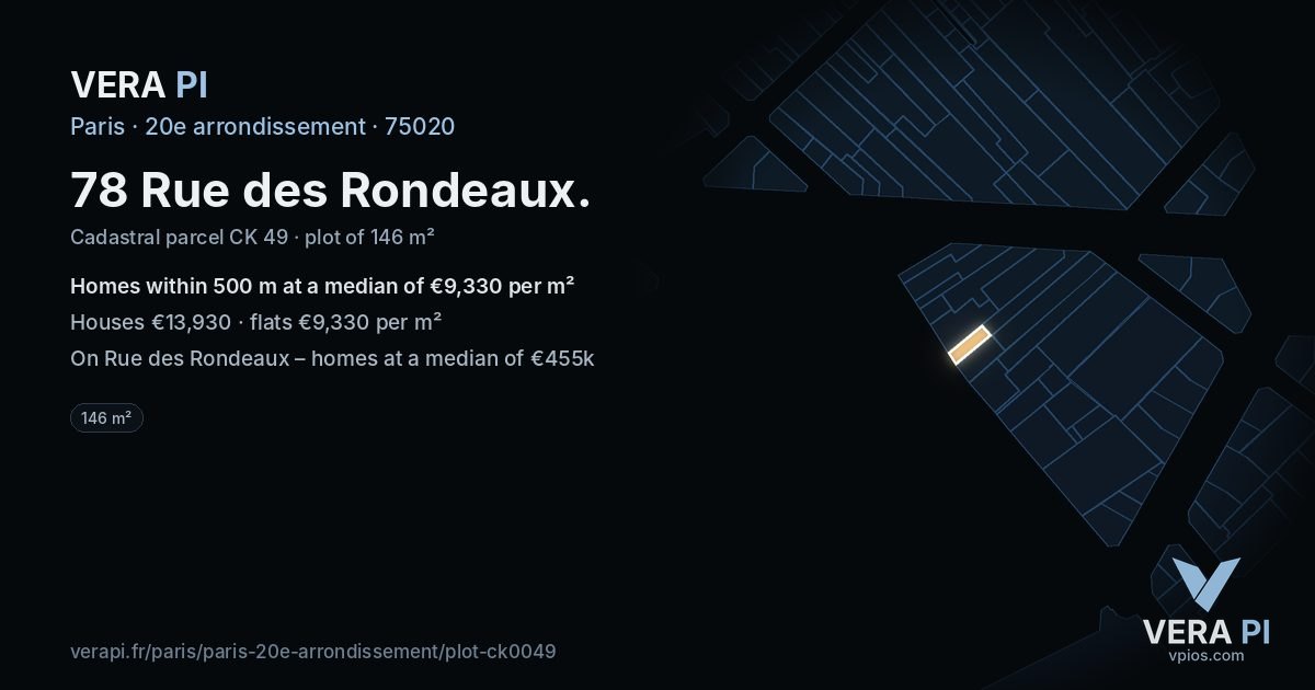 78 Rue des Rondeaux, 20e arrondissement at night – the plot lit, the parcels around coloured by the prices near them