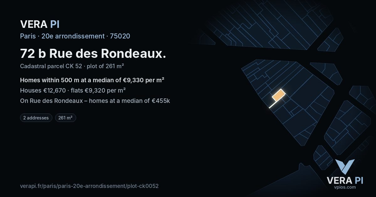 72 b Rue des Rondeaux, 20e arrondissement at night – the plot lit, the parcels around coloured by the prices near them