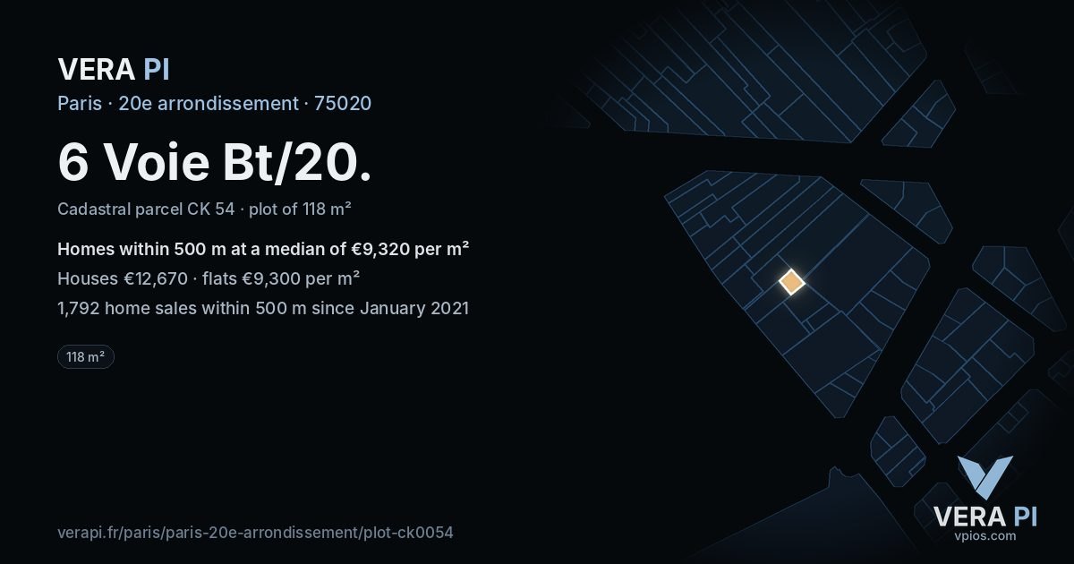 6 Voie Bt/20, 20e arrondissement at night – the plot lit, the parcels around coloured by the prices near them