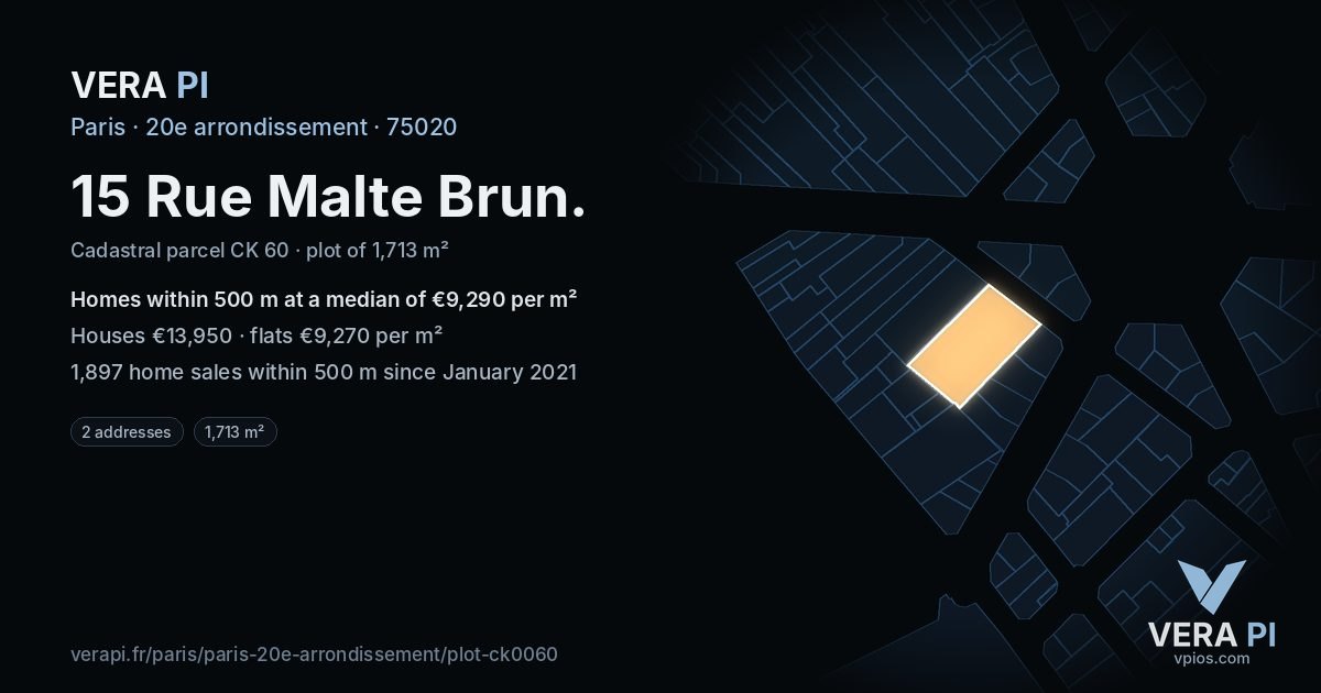 15 Rue Malte Brun, 20e arrondissement at night – the plot lit, the parcels around coloured by the prices near them