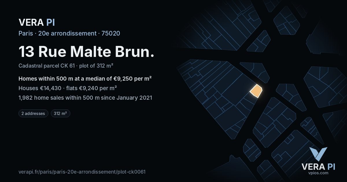 13 Rue Malte Brun, 20e arrondissement at night – the plot lit, the parcels around coloured by the prices near them