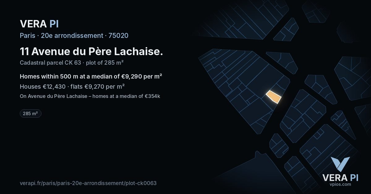 11 Avenue du Père Lachaise, 20e arrondissement at night – the plot lit, the parcels around coloured by the prices near them