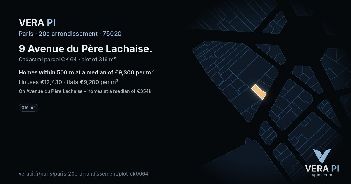 9 Avenue du Père Lachaise, 20e arrondissement at night – the plot lit, the parcels around coloured by the prices near them
