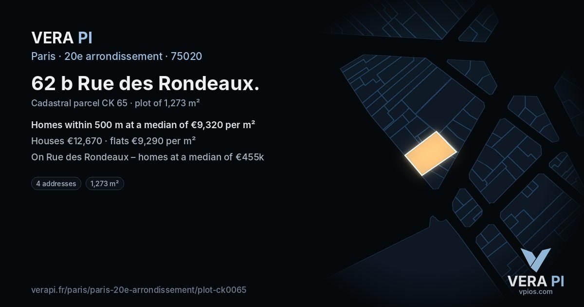 62 b Rue des Rondeaux, 20e arrondissement at night – the plot lit, the parcels around coloured by the prices near them