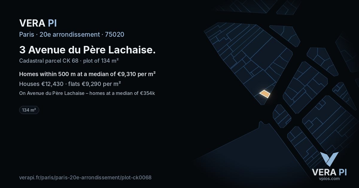 3 Avenue du Père Lachaise, 20e arrondissement at night – the plot lit, the parcels around coloured by the prices near them