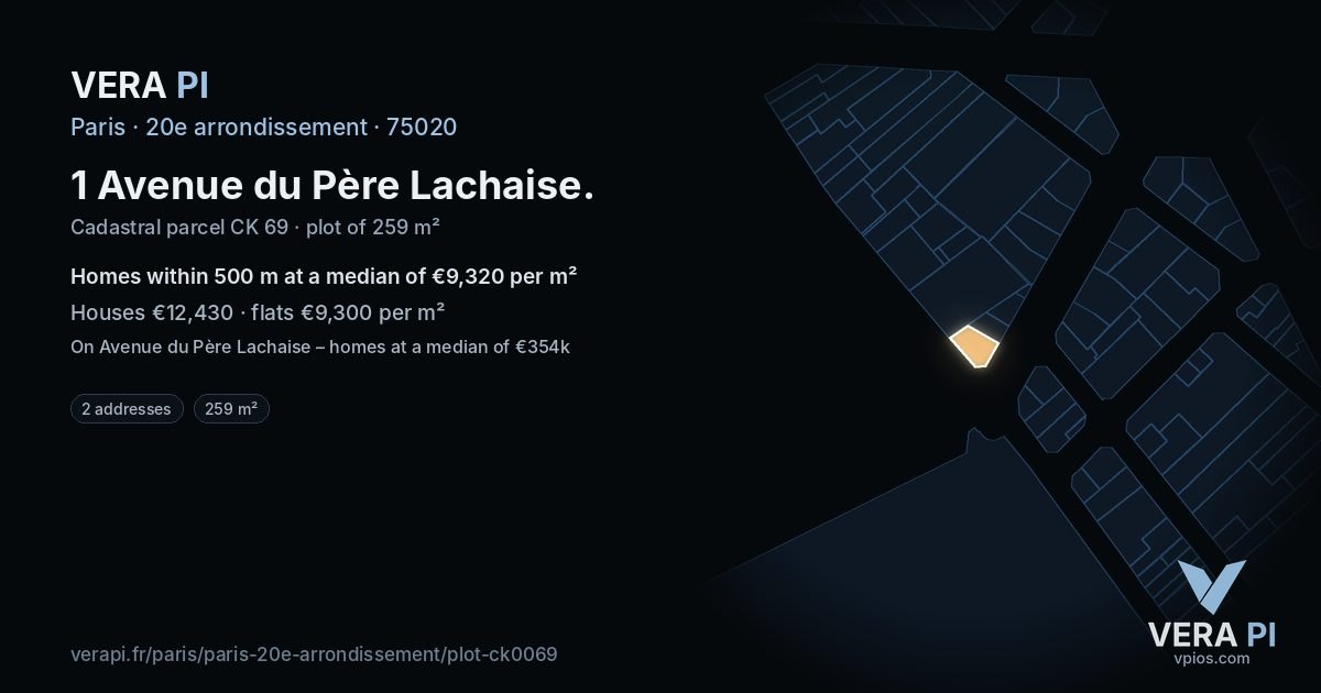 1 Avenue du Père Lachaise, 20e arrondissement at night – the plot lit, the parcels around coloured by the prices near them