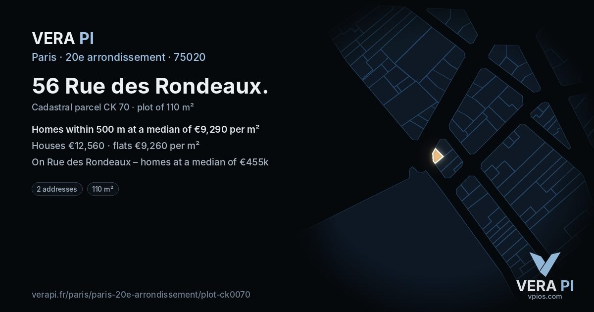 56 Rue des Rondeaux, 20e arrondissement at night – the plot lit, the parcels around coloured by the prices near them