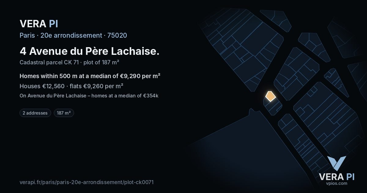 4 Avenue du Père Lachaise, 20e arrondissement at night – the plot lit, the parcels around coloured by the prices near them