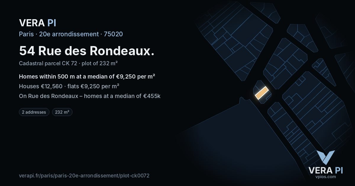 54 Rue des Rondeaux, 20e arrondissement at night – the plot lit, the parcels around coloured by the prices near them