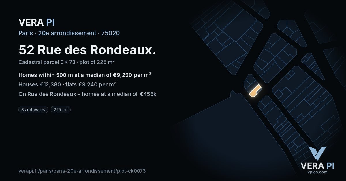 52 Rue des Rondeaux, 20e arrondissement at night – the plot lit, the parcels around coloured by the prices near them