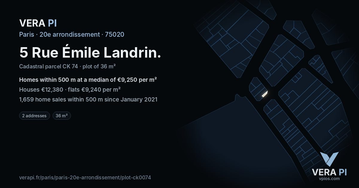 5 Rue Émile Landrin, 20e arrondissement at night – the plot lit, the parcels around coloured by the prices near them