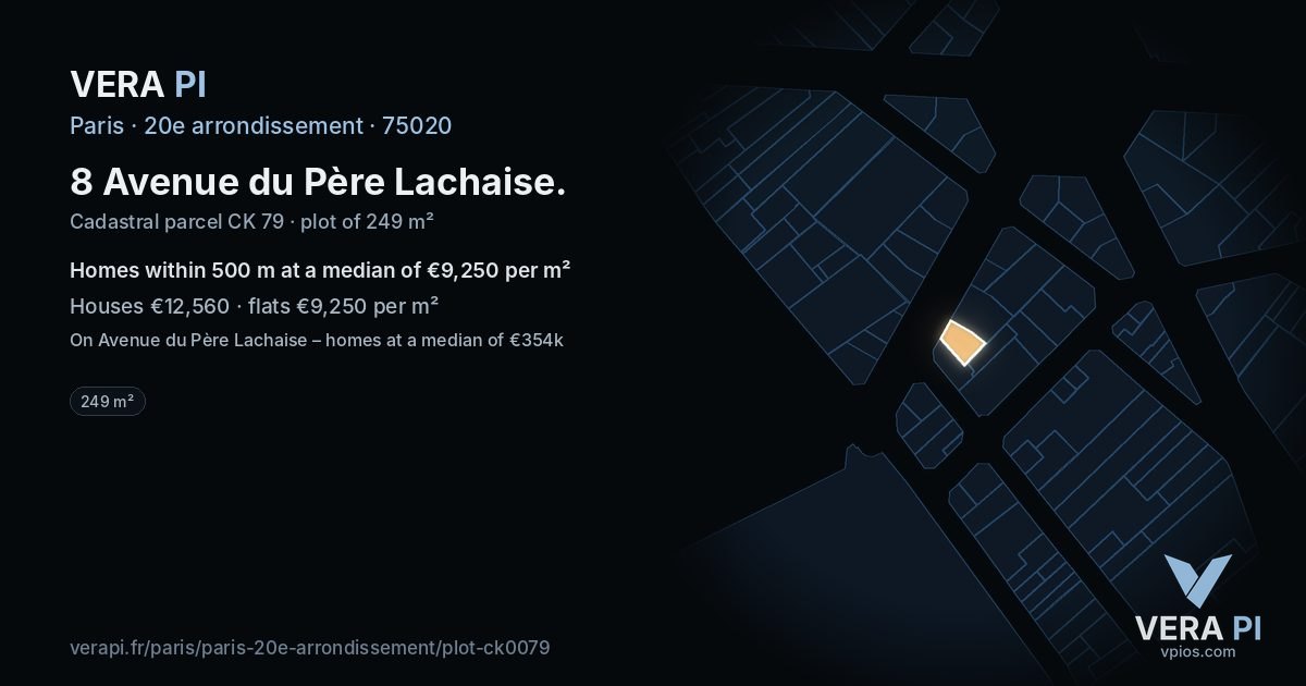 8 Avenue du Père Lachaise, 20e arrondissement at night – the plot lit, the parcels around coloured by the prices near them