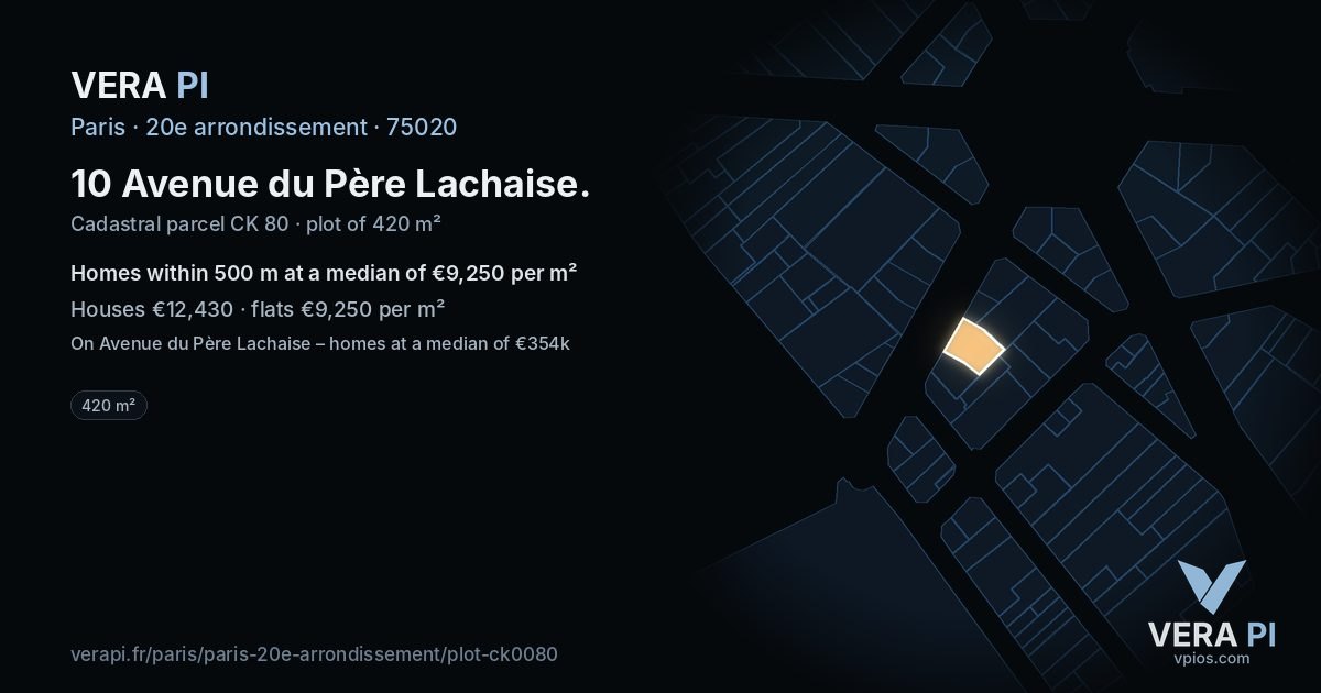 10 Avenue du Père Lachaise, 20e arrondissement at night – the plot lit, the parcels around coloured by the prices near them