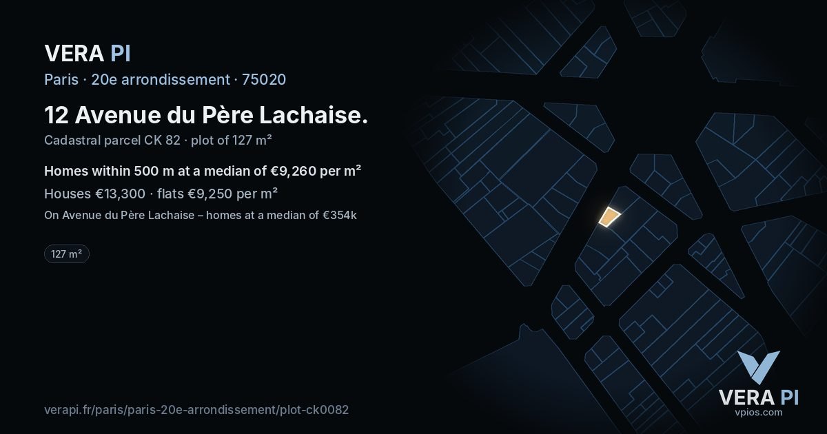 12 Avenue du Père Lachaise, 20e arrondissement at night – the plot lit, the parcels around coloured by the prices near them