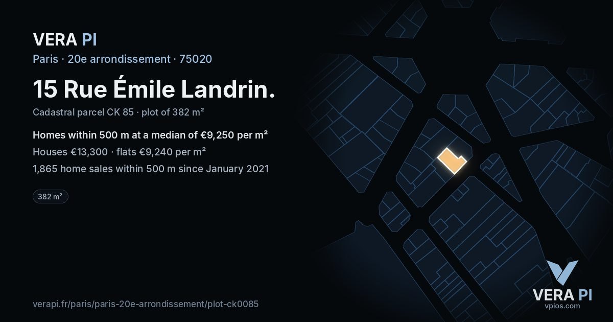 15 Rue Émile Landrin, 20e arrondissement at night – the plot lit, the parcels around coloured by the prices near them