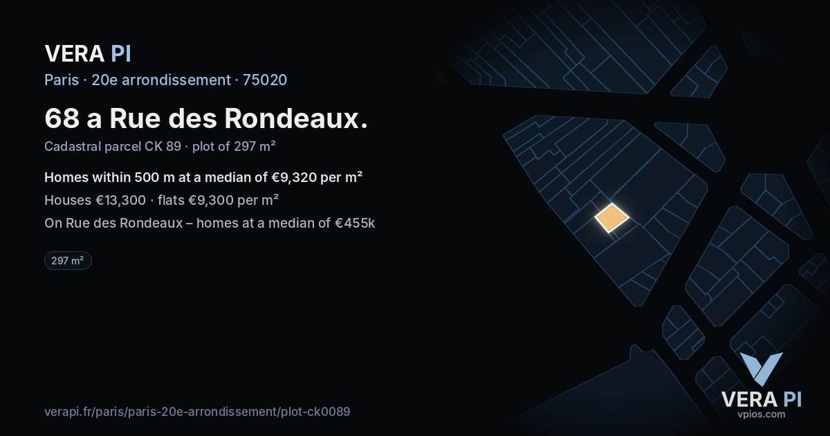 68 a Rue des Rondeaux, 20e arrondissement at night – the plot lit, the parcels around coloured by the prices near them