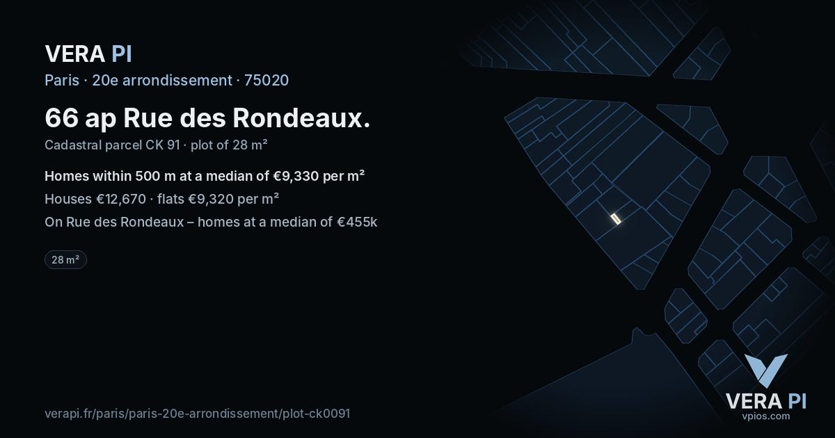 66 ap Rue des Rondeaux, 20e arrondissement at night – the plot lit, the parcels around coloured by the prices near them
