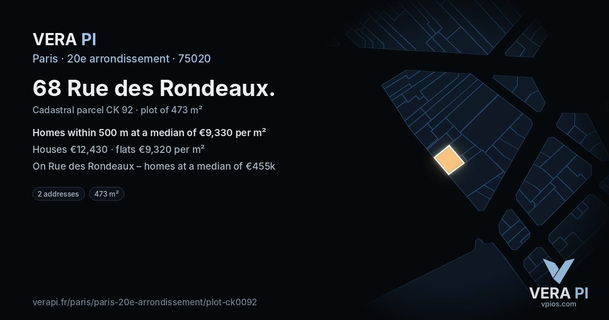 68 Rue des Rondeaux, 20e arrondissement at night – the plot lit, the parcels around coloured by the prices near them