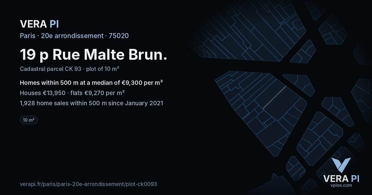 19 p Rue Malte Brun, 20e arrondissement at night – the plot lit, the parcels around coloured by the prices near them