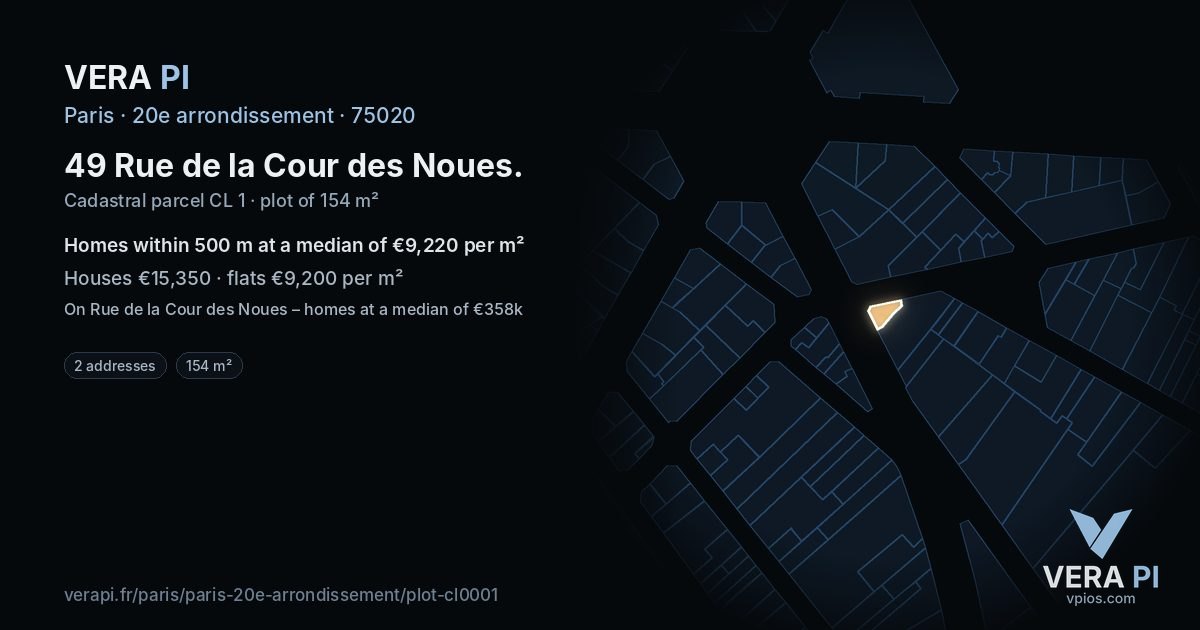 49 Rue de la Cour des Noues, 20e arrondissement at night – the plot lit, the parcels around coloured by the prices near them