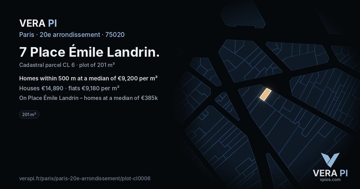 7 Place Émile Landrin, 20e arrondissement at night – the plot lit, the parcels around coloured by the prices near them